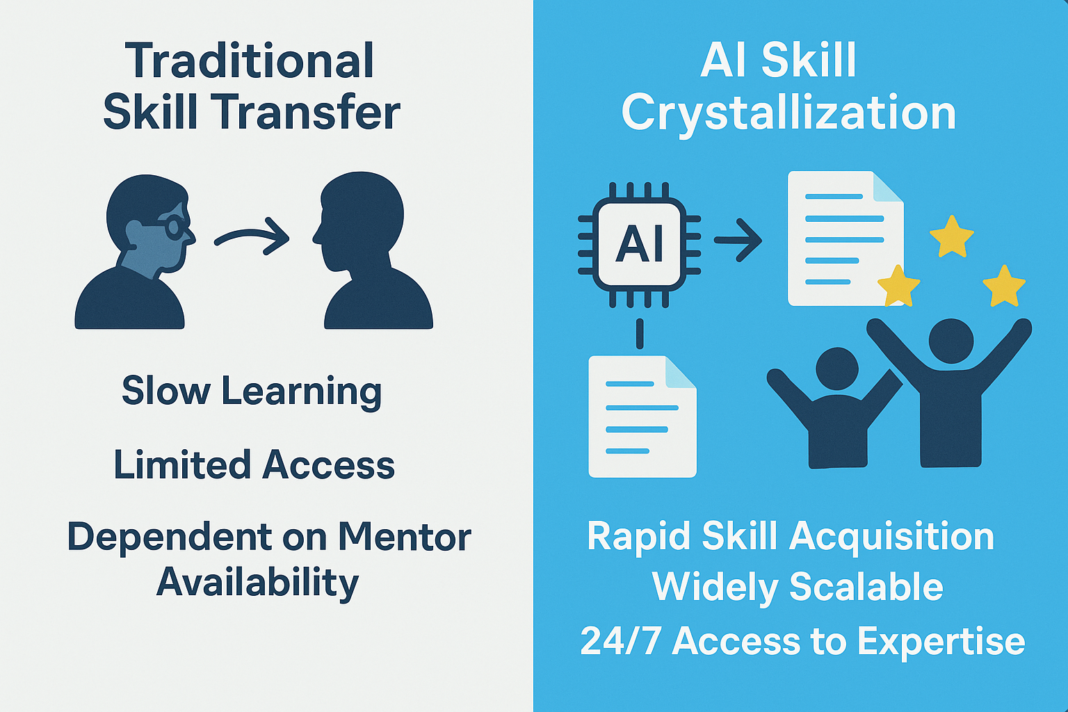 Comparison of traditional skill transfer, showing slow learning and limited access, versus AI skill crystallization, highlighting rapid skill acquisition and scalability.